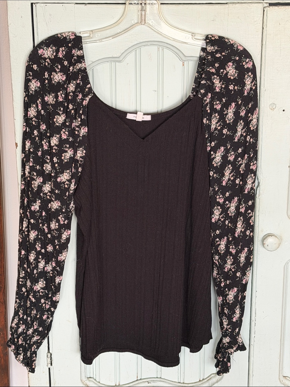 Maurices V-Neck Black Top with Pink Floral Smocked Sleeves